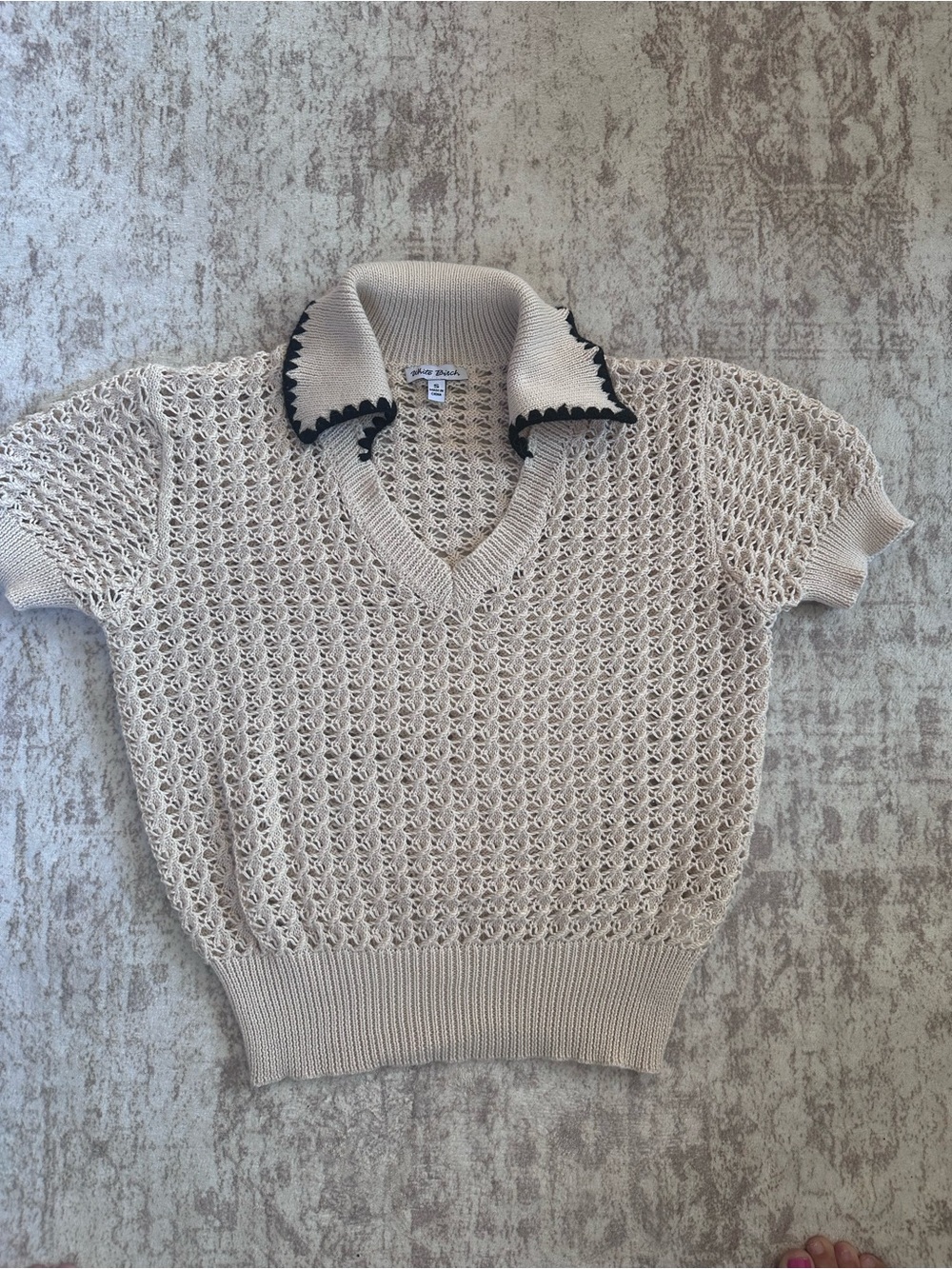 white birch Cream Open-Knit V-Neck Sweater with Black Trim Collar